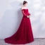 Chic / Beautiful Burgundy Evening Dresses  2018 A-Line / Princess Off-The-Shoulder Long Sleeve Sash Chapel Train Ruffle Backless Formal Dresses