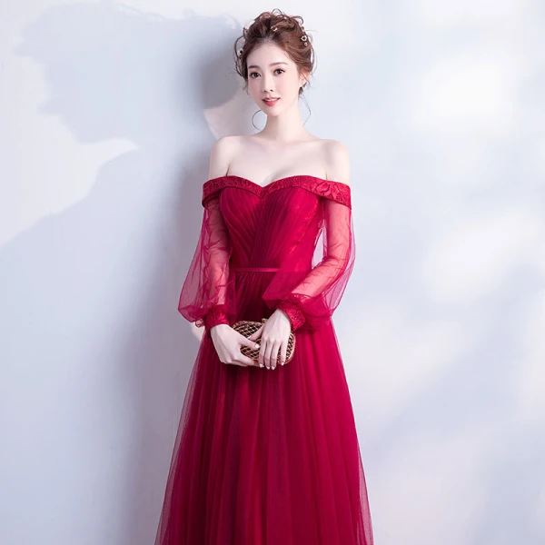 Chic / Beautiful Burgundy Evening Dresses 2018 A-Line / Princess Off-The-Shoulder Long Sleeve Sash Chapel Train Ruffle Backless Formal Dresses