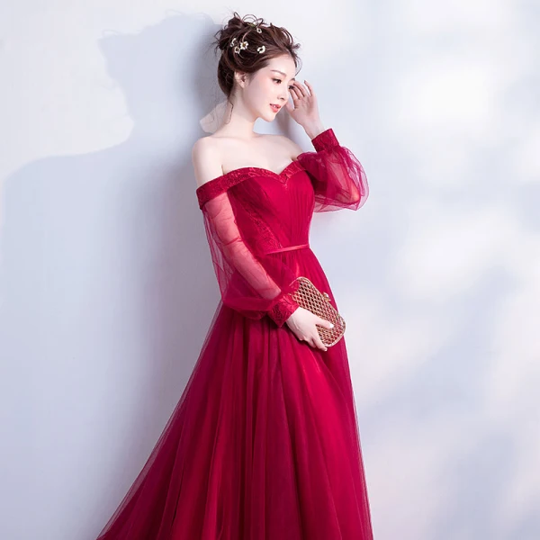 Chic / Beautiful Burgundy Evening Dresses 2018 A-Line / Princess Off-The-Shoulder Long Sleeve Sash Chapel Train Ruffle Backless Formal Dresses