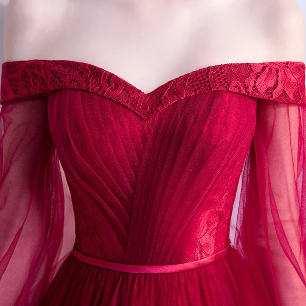 Chic / Beautiful Burgundy Evening Dresses 2018 A-Line / Princess Off-The-Shoulder Long Sleeve Sash Chapel Train Ruffle Backless Formal Dresses
