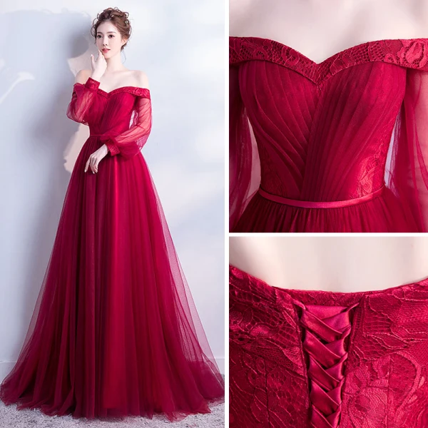 Chic / Beautiful Burgundy Evening Dresses 2018 A-Line / Princess Off-The-Shoulder Long Sleeve Sash Chapel Train Ruffle Backless Formal Dresses