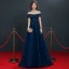 Affordable Evening Dresses  2018 Empire Off-The-Shoulder Short Sleeve Appliques Lace Beading Floor-Length / Long Ruffle Backless Formal Dresses