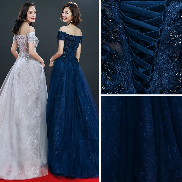 Affordable Evening Dresses 2018 Empire Off-The-Shoulder Short Sleeve Appliques Lace Beading Floor-Length / Long Ruffle Backless Formal Dresses