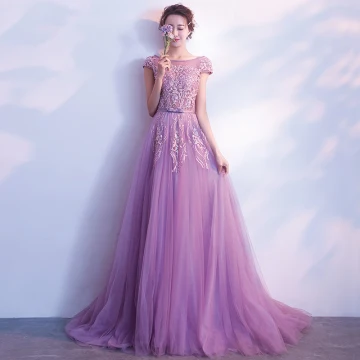 Élégant Lilas Robe De Soirée 2018 Princesse Encolure Dégagée Mancherons Appliques En Dentelle Perle Perlage Noeud Ceinture Train De Balayage Volants