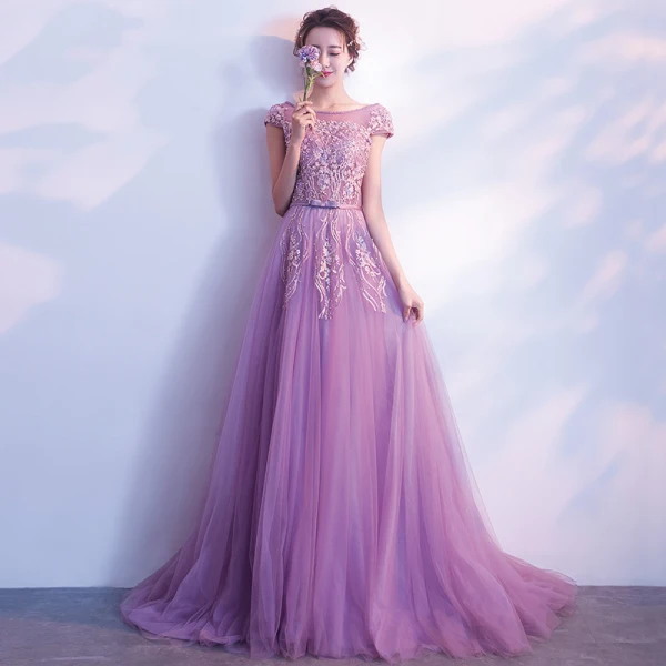 lilac evening dress Lilac Tulle A-line V-neck Prom Dresses With Side Slit, Long Formal Dresses,  MP794 main image 1