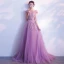 Elegant Lilac Evening Dresses  2018 A-Line / Princess Scoop Neck Cap Sleeves Appliques Lace Pearl Beading Bow Sash Sweep Train Ruffle