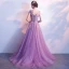 Elegant Lilac Evening Dresses  2018 A-Line / Princess Scoop Neck Cap Sleeves Appliques Lace Pearl Beading Bow Sash Sweep Train Ruffle
