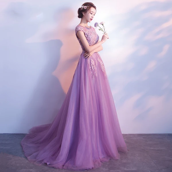 Elegant Lilac Evening Dresses 2018 A-Line / Princess Scoop Neck Cap Sleeves Appliques Lace Pearl Beading Bow Sash Sweep Train Ruffle