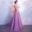 Elegant Lilac Evening Dresses  2018 A-Line / Princess Scoop Neck Cap Sleeves Appliques Lace Pearl Beading Bow Sash Sweep Train Ruffle