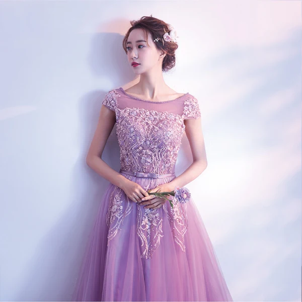 Elegant Lilac Evening Dresses 2018 A-Line / Princess Scoop Neck Cap Sleeves Appliques Lace Pearl Beading Bow Sash Sweep Train Ruffle