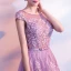 Elegant Lilac Evening Dresses  2018 A-Line / Princess Scoop Neck Cap Sleeves Appliques Lace Pearl Beading Bow Sash Sweep Train Ruffle