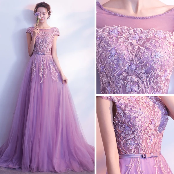 Elegant Lilac Evening Dresses 2018 A-Line / Princess Scoop Neck Cap Sleeves Appliques Lace Pearl Beading Bow Sash Sweep Train Ruffle