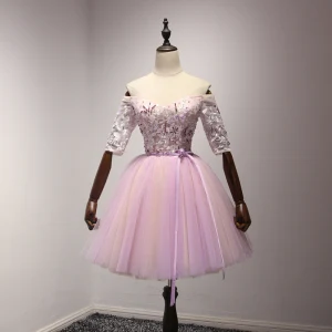 Fine Syrin Homecoming Graduation Kjoler 2017 Ballkjole Av Skulderen 1 2 Ermer Appliques Blonder Beading Krystall Paljetter Perle Sash Korte Buste Ryggløse Formelle Kjoler