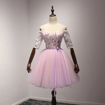 Chic Beautiful Lilac Homecoming Graduation Dresses 2017 Ball Gown Off The Shoulder 1 2 Sleeves Appliques Lace Beading Crystal Sequins Pearl Sash Short Ruffle Backless Formal Dresses