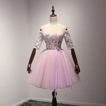 Chic Beautiful Lilac Homecoming Graduation Dresses 2017 Ball Gown Off The Shoulder 1 2 Sleeves Appliques Lace Beading Crystal Sequins Pearl Sash Short Ruffle Backless Formal Dresses