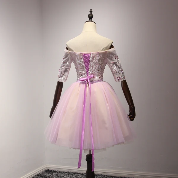 Schöne Lila Heimkehr Abiballkleider 2017 Ballkleid Off Shoulder 1/2 Ärmel Applikationen Mit Spitze Perlenstickerei Kristall Pailletten Perle Stoffgürtel Kurze Rüschen Rückenfreies Festliche Kleider
