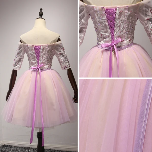 Schöne Lila Heimkehr Abiballkleider 2017 Ballkleid Off Shoulder 1/2 Ärmel Applikationen Mit Spitze Perlenstickerei Kristall Pailletten Perle Stoffgürtel Kurze Rüschen Rückenfreies Festliche Kleider