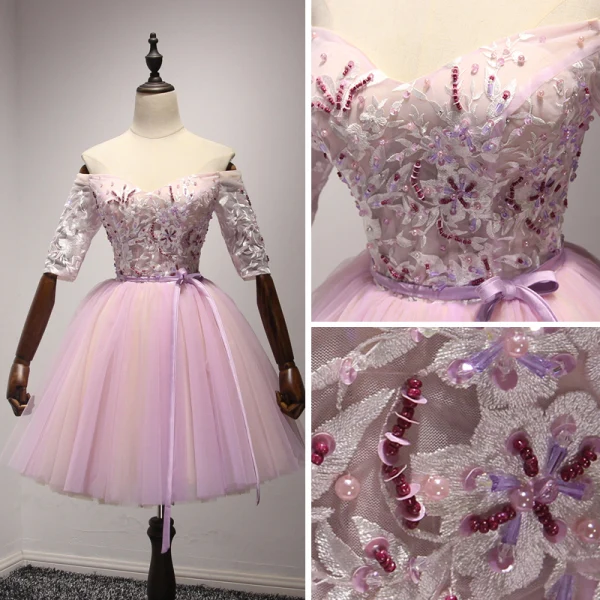 Schöne Lila Heimkehr Abiballkleider 2017 Ballkleid Off Shoulder 1/2 Ärmel Applikationen Mit Spitze Perlenstickerei Kristall Pailletten Perle Stoffgürtel Kurze Rüschen Rückenfreies Festliche Kleider