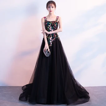 Coloré Noire Robe De Soirée 2018 Princesse Épaules Sans Manches Appliques En Dentelle Brodé Train De Balayage Volants Dos Nu Robe De Ceremonie
