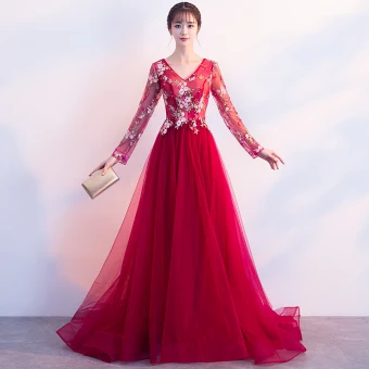 Remise Rouge Robe De Soirée 2018 Princesse V Cou Manches Longues Brodé Faux Diamant Train De Balayage Volants Dos Nu Robe De Ceremonie