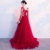 Discount Red Evening Dresses  2018 A-Line / Princess V-Neck Long Sleeve Embroidered Rhinestone Sweep Train Ruffle Backless Formal Dresses