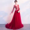 Discount Red Evening Dresses  2018 A-Line / Princess V-Neck Long Sleeve Embroidered Rhinestone Sweep Train Ruffle Backless Formal Dresses