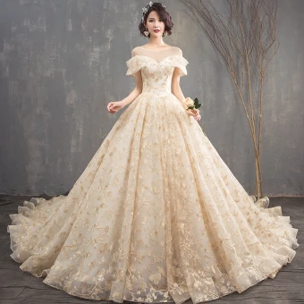 Chic Beautiful Champagne See Through Wedding Dresses 2018 A Line Princess Scoop Neck Short Sleeve Backless Appliques Lace Glitter Sequins Cathedral Train Ruffle