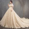 Chic / Beautiful Champagne See-through Wedding Dresses 2018 A-Line / Princess Scoop Neck Short Sleeve Backless Appliques Lace Glitter Sequins Cathedral Train Ruffle