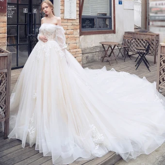 Elegante Champagne Trouwjurken 2018 Baljurk Uit De Schouder Lange Mouwen Ruglooze Appliques Kant Cathedral Train Ruche