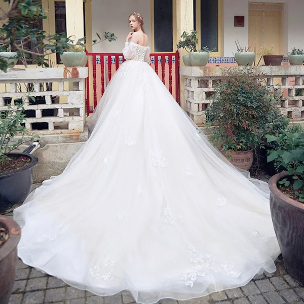 Eleganckie Szampan Suknie Ślubne 2018 Suknia Balowa Przy Ramieniu Długie Rękawy Bez Pleców Aplikacje Z Koronki Trenem Katedra Wzburzyć