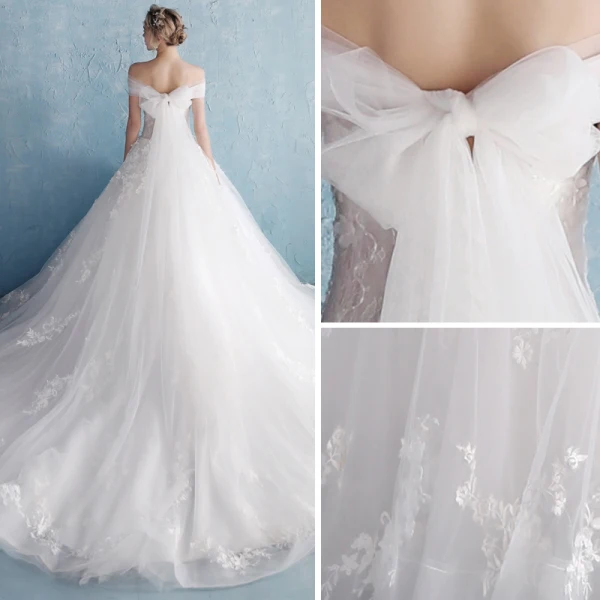 Fine Hvit Brudekjoler 2018 Prinsesse Kjæreste Korte Ermer Ryggløse Appliques Blonder Blomst Beading Perle Chapel Train Buste