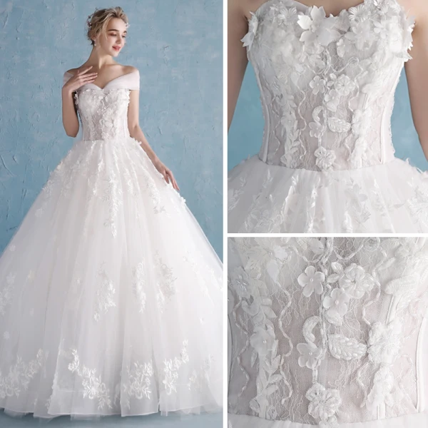 Fine Hvit Brudekjoler 2018 Prinsesse Kjæreste Korte Ermer Ryggløse Appliques Blonder Blomst Beading Perle Chapel Train Buste