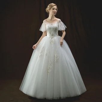 Chic Belle Ivoire Robe De Mariée 2018 Robe Boule Transparentes Encolure Dégagée Manches Courtes Dos Nu Appliques En Dentelle Faux Diamant Perlage Longue Volants