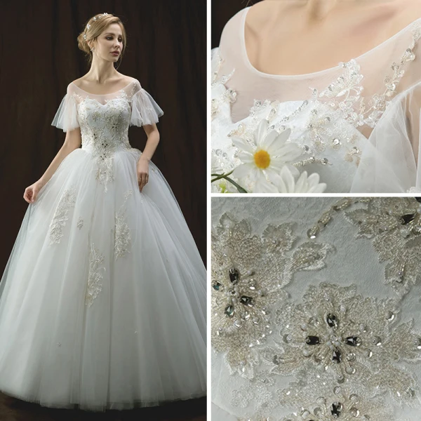 Chic / Beautiful Ivory Wedding Dresses 2018 Ball Gown See-through Scoop Neck Short Sleeve Backless Appliques Lace Rhinestone Beading Floor-Length / Long Ruffle