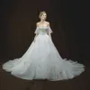 Chic / Beautiful Ivory Wedding Dresses 2018 A-Line / Princess Sweetheart Short Sleeve Backless Appliques Lace Sequins Pearl Chapel Train Ruffle