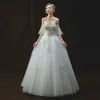 Chic / Beautiful Ivory Wedding Dresses 2018 A-Line / Princess Sweetheart Short Sleeve Backless Appliques Lace Sequins Pearl Chapel Train Ruffle