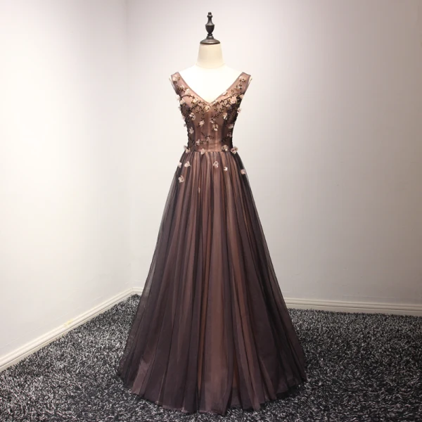 Chic / Beautiful Black Champagne Evening Dresses 2017 A-Line / Princess V-Neck Sleeveless Appliques Flower Beading Crystal Floor-Length / Long Ruffle Backless Formal Dresses