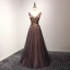 Chic / Beautiful Black Champagne Evening Dresses  2017 A-Line / Princess V-Neck Sleeveless Appliques Flower Beading Crystal Floor-Length / Long Ruffle Backless Formal Dresses