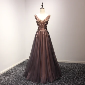 Chic Beautiful Black Champagne Evening Dresses 2017 A Line Princess V Neck Sleeveless Appliques Flower Beading Crystal Floor Length Long Ruffle Backless Formal Dresses