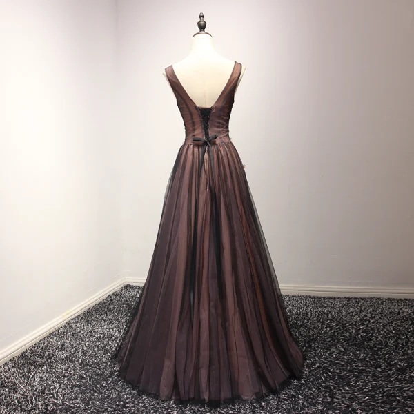 Chic / Beautiful Black Champagne Evening Dresses 2017 A-Line / Princess V-Neck Sleeveless Appliques Flower Beading Crystal Floor-Length / Long Ruffle Backless Formal Dresses