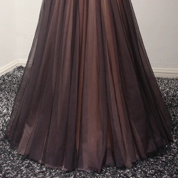 Chic / Beautiful Black Champagne Evening Dresses 2017 A-Line / Princess V-Neck Sleeveless Appliques Flower Beading Crystal Floor-Length / Long Ruffle Backless Formal Dresses