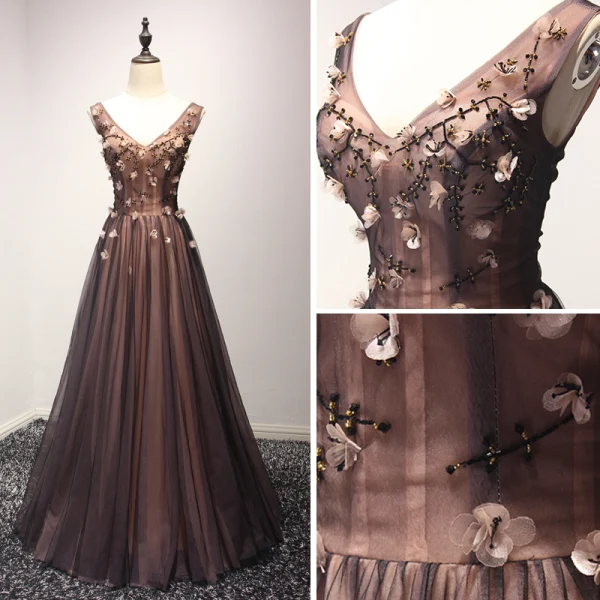 Chic / Beautiful Black Champagne Evening Dresses 2017 A-Line / Princess V-Neck Sleeveless Appliques Flower Beading Crystal Floor-Length / Long Ruffle Backless Formal Dresses