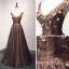Chic / Beautiful Black Champagne Evening Dresses  2017 A-Line / Princess V-Neck Sleeveless Appliques Flower Beading Crystal Floor-Length / Long Ruffle Backless Formal Dresses