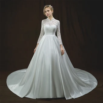 Style Chinois Ivoire Percé Robe De Mariée 2018 Princesse Col Haut Manches Longues Dos Nu Ceinture Cathedral Train Volants