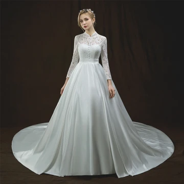 Style Chinois Ivoire Percé Robe De Mariée 2018 Princesse Col Haut Manches Longues Dos Nu Ceinture Cathedral Train Volants