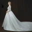 Chinese style Ivory Pierced Wedding Dresses 2018 A-Line / Princess High Neck Long Sleeve Backless Sash Cathedral Train Ruffle