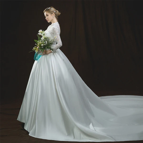 Chinese style Ivory Pierced Wedding Dresses 2018 A-Line / Princess High Neck Long Sleeve Backless Sash Cathedral Train Ruffle