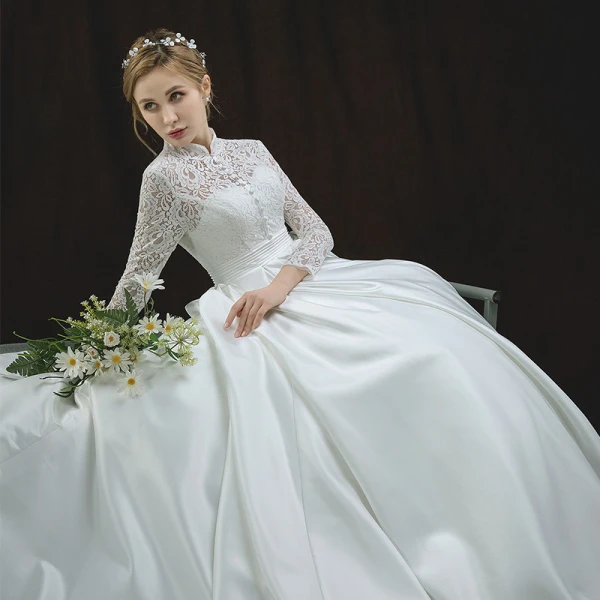 Chinese style Ivory Pierced Wedding Dresses 2018 A-Line / Princess High Neck Long Sleeve Backless Sash Cathedral Train Ruffle