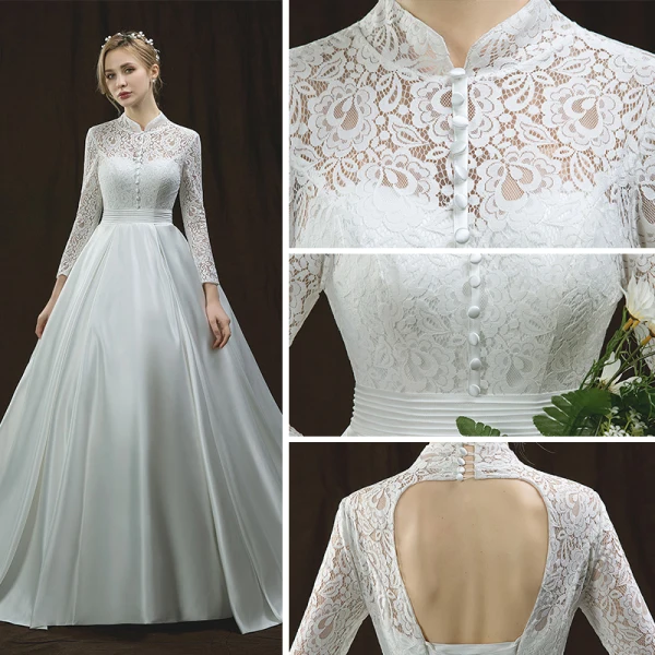 Chinese style Ivory Pierced Wedding Dresses 2018 A-Line / Princess High Neck Long Sleeve Backless Sash Cathedral Train Ruffle