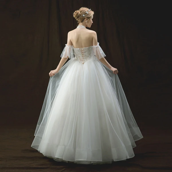 Chic / Belle Ivoire Robe De Mariée 2018 Princesse Titulaire Manches Courtes Dos Nu Appliques En Dentelle Paillettes Perlage Longue Volants
